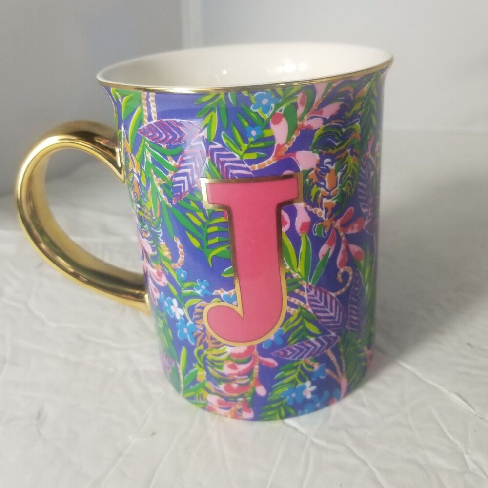 Lilly Pulitzer Coffee Cup Mug Monogram with J On Sides Pink Blue Purple Floral